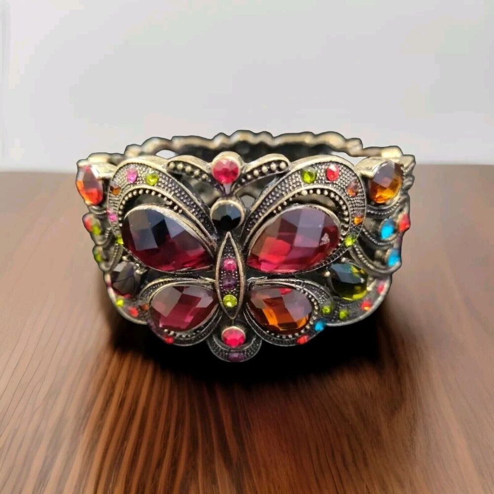Statement Jewel Encrusted Butterfly Bracelet Bangle Brass Tone 2 Inch Wide 7.5"